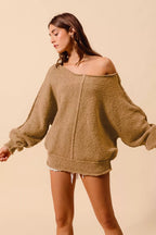 SO ME Womens Sweater Taupe Loose Fit Exposed Seam Slouchy Boucle 701ed1b55aeb47fabd158804a7d8d7b7-Max-Origin Trendsi
