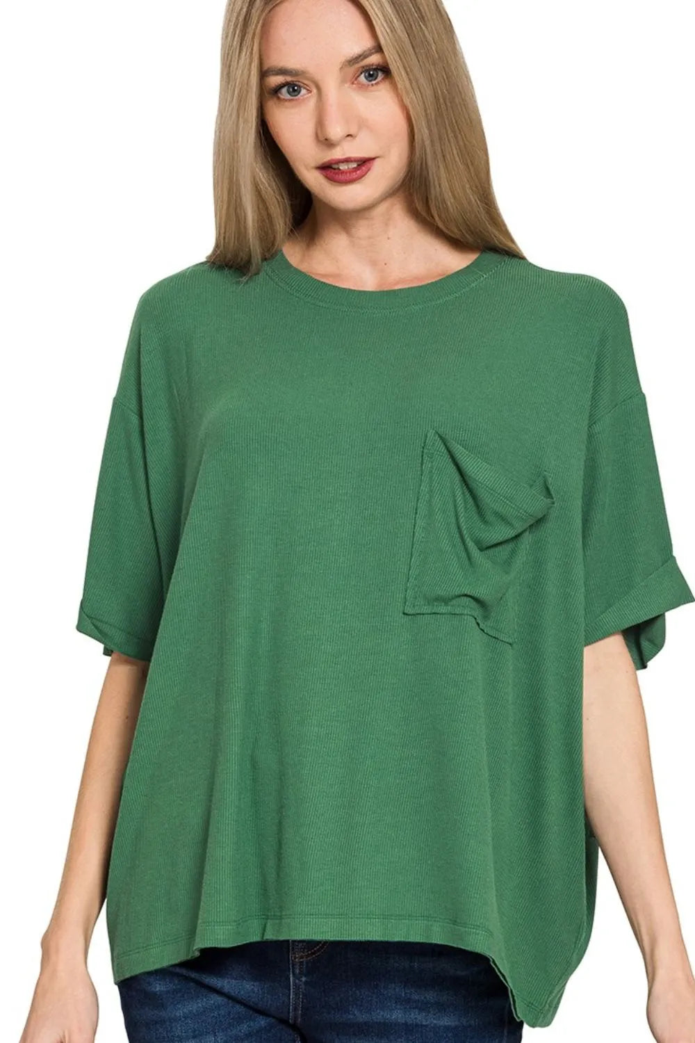 Zenana T-shirt Dark Green Oversized Ribbed Round Neck Short Sleeve Top Tee DK GREEN 7024c5cb-e967-4113-bcd6-5a3a7a5f03c8-Max-Origin Trendsi