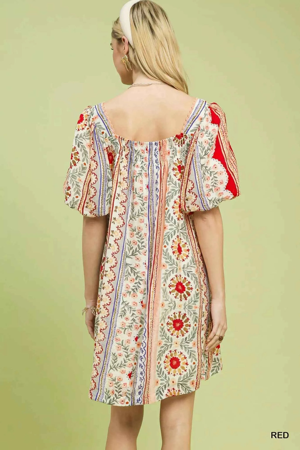 Umgee Mixed Print Puff Sleeve Mini Dress