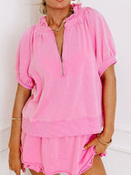 Women's Outfit Set Pink Half Zip Puff Sleeve Top and Ruffled Shorts 2 Pcs Pink 7037c21b-7050-462f-a700-ab451b72ec01-Min Trendsi