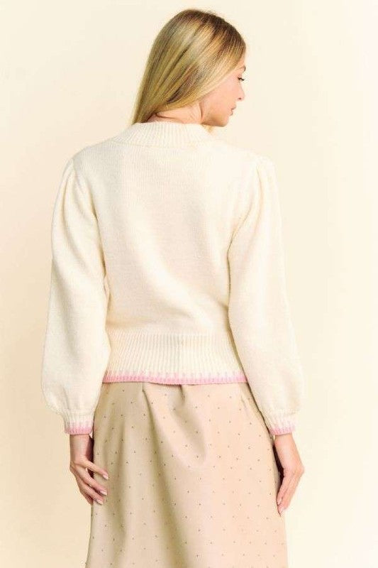 Women Sweater Davi & Dani Flower Patch Fuzzy Mock Neck Ivory Knitwear