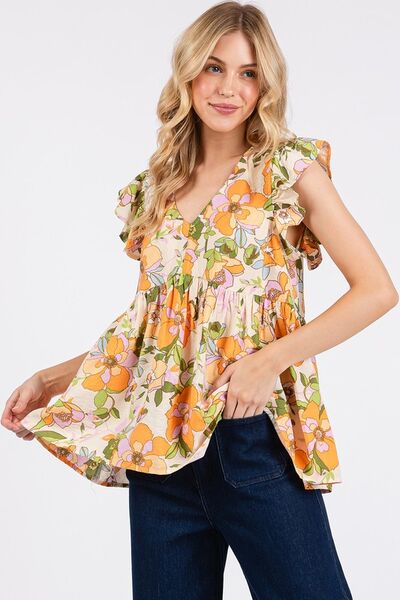 Mittoshop Floral Blouse V-Neck Ruffled Cap Short Sleeve 703e0473-af88-4f81-9ae2-dc9fb39a24f2-Min Trendsi