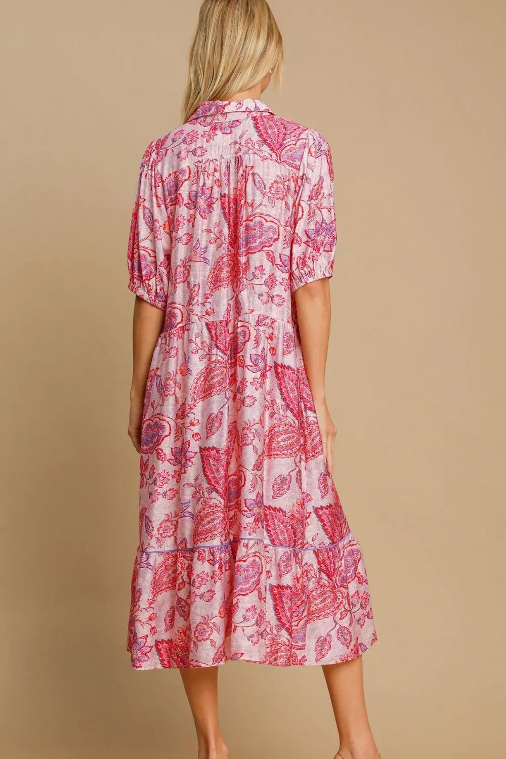 Umgee Midi Dress Floral Paisley Print Pink Mix Ruffled Hem Half Sleeve 704682a1-14d8-40ce-8e38-7d78a5b3fd95-Max-Origin Trendsi