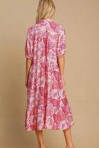 Umgee Midi Dress Floral Paisley Print Pink Mix Ruffled Hem Half Sleeve 704682a1-14d8-40ce-8e38-7d78a5b3fd95-Max-Origin Trendsi