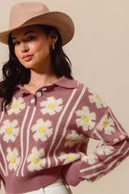 SO ME Women's Sweater Floral Stripe Mauve Ivory Polo Collar Pullover 704835edf6ad4504b87ff59e7fe407e2-Max-Origin Trendsi