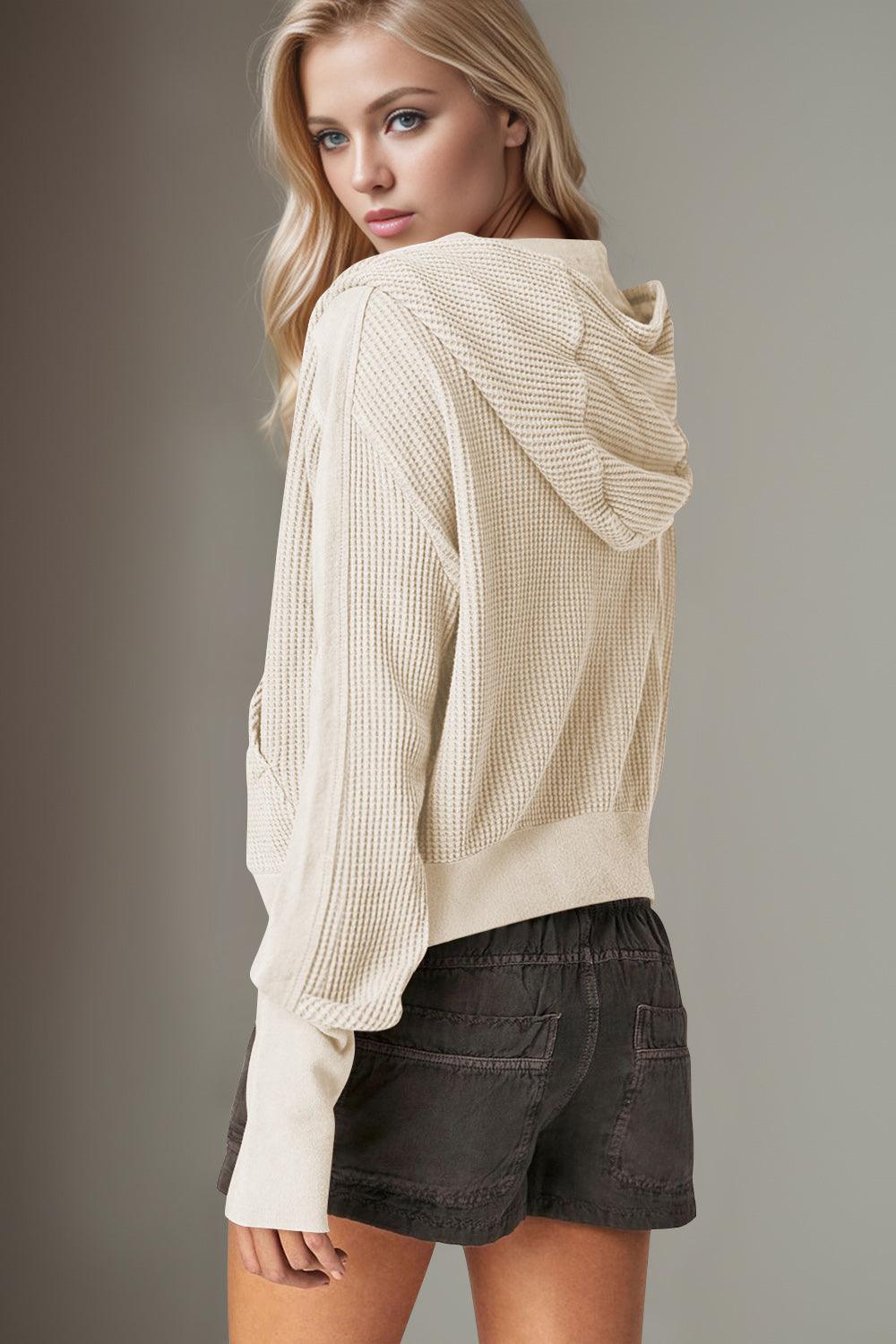 Double Take Hooded Jacket Waffle-Knit Zip Up Long Sleeve 705291bf-5043-4c52-82b4-73994cb2bfa0-Max Trendsi