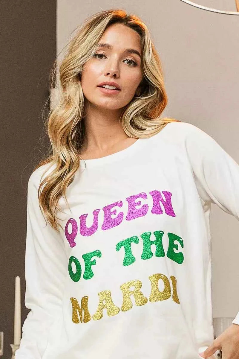BiBi Women’s Mardi Gras Glitter Print Sweatshirt Queen of Mardi Casual Top