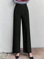 High-Waisted Wide-Leg Pants with Pockets - 95% Cotton, 5% Spandex, Machine Washable, Imported
