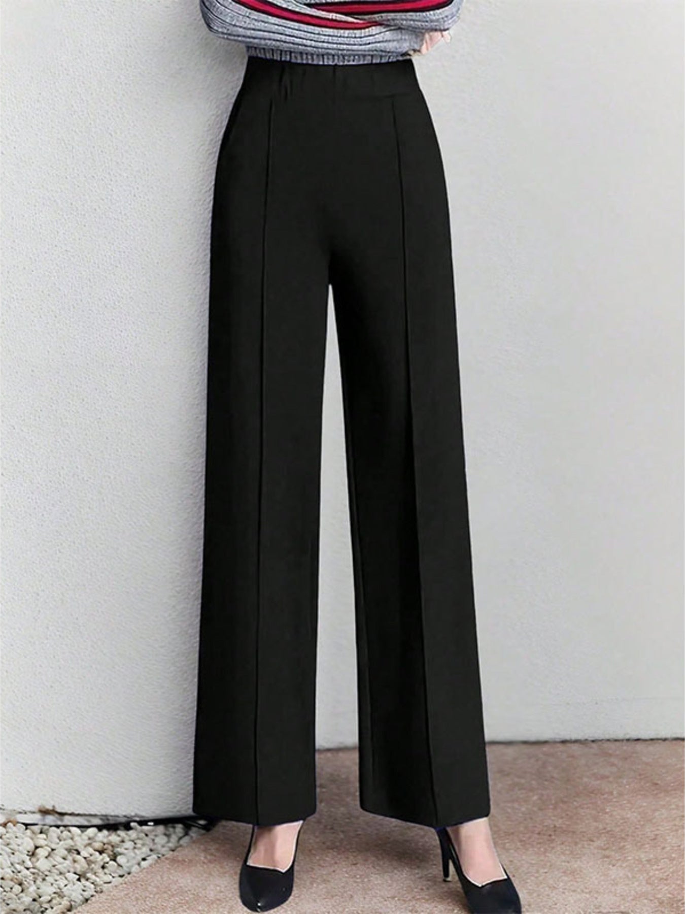 High-Waisted Wide-Leg Pants with Pockets - 95% Cotton, 5% Spandex, Machine Washable, Imported