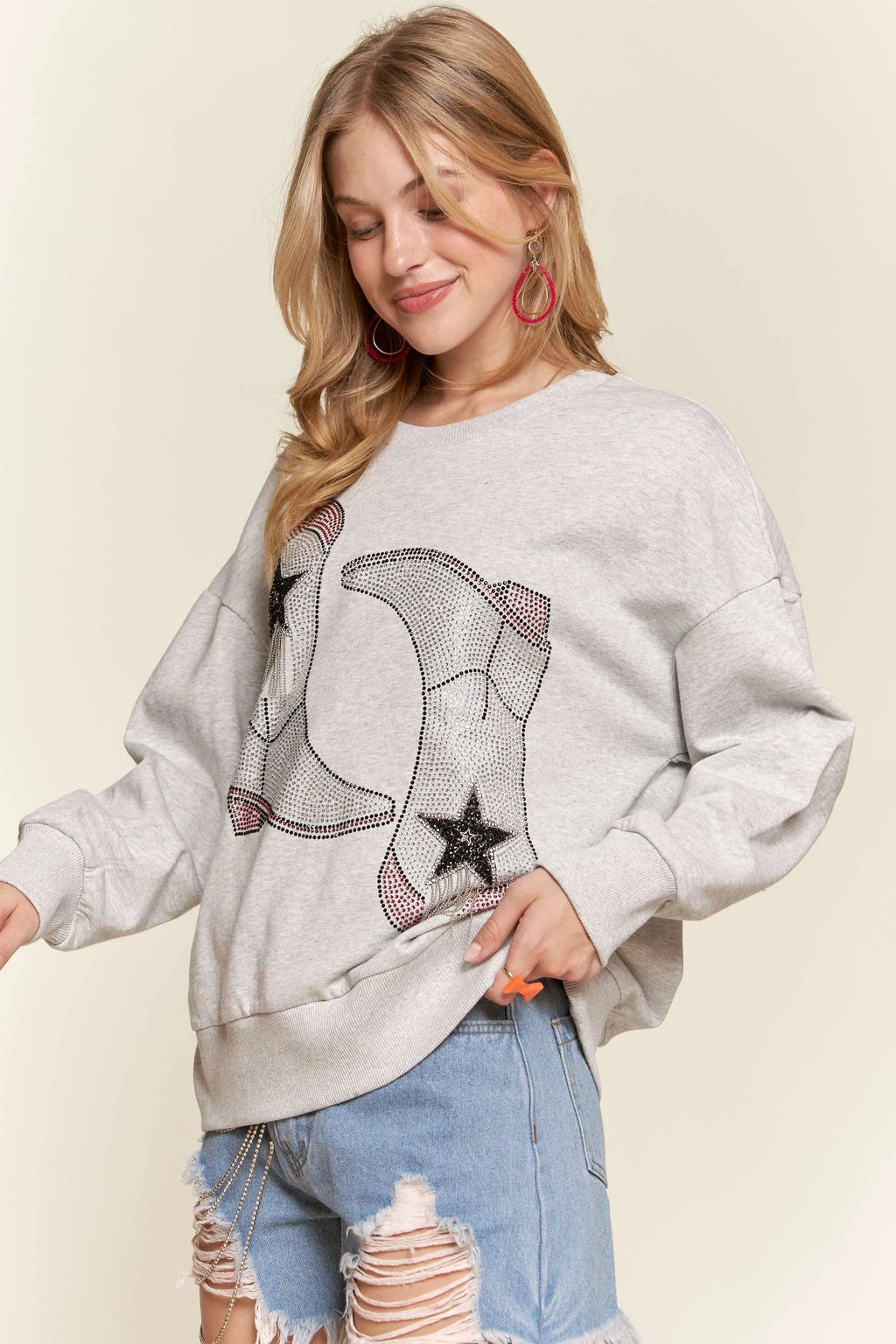 ADORA Sweatshirt Rhinestone Star Boots Accent Casual Long Sleeve Top 705768499f4f4811b83adde403c3d96d-Max-Origin Trendsi