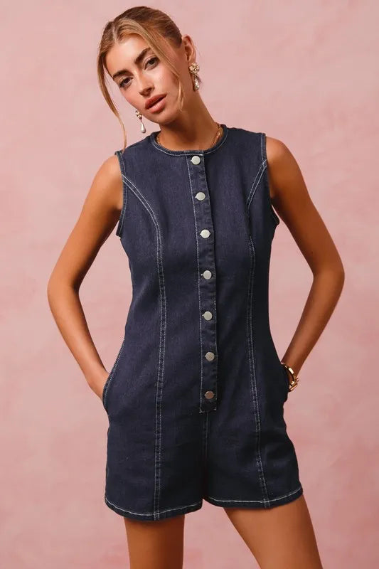 SO ME Denim Romper Button Up Front Dark Washed Sleeveless Jumpsuit 705d5a4886a642a2b6aec056070d909c-Max-Origin Trendsi