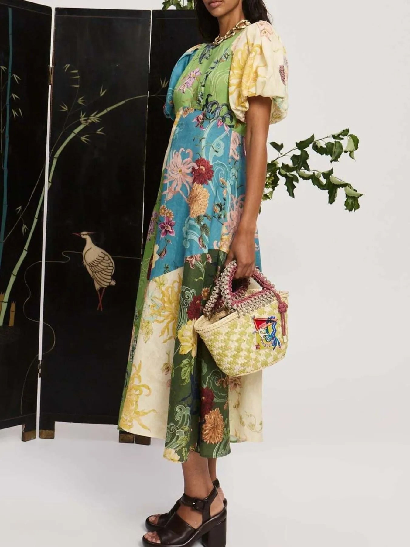 Midi Dress Colorful Floral Printed Round Neck Puff Short Sleeve Summer Dress 705e8488-9e89-4993-8b63-ea27e24fbf3a-Max-Origin Trendsi