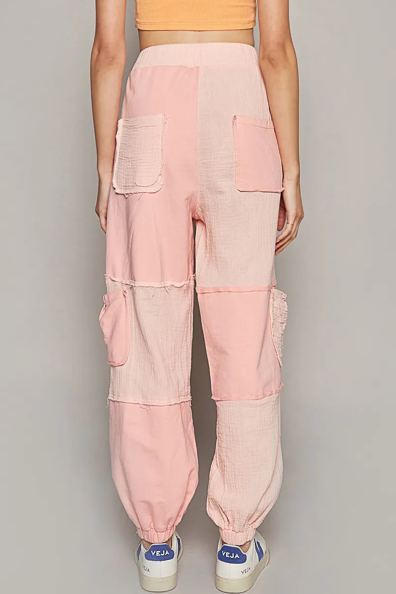 POL Jogger Pants Blush Pink Cotton Drawstring Pocketed Contrast Seams
