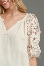 Umgee Linen Top French Terry Boxy Cut Top with 3D Floral Short Sleeve 7071da55-00de-419d-930d-20cb4c68a8f6-Max Trendsi
