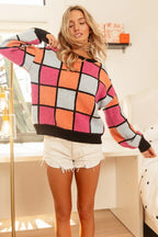 BiBi Women's Sweater Checker Orange Red Multi Color Pattern Oversized 707a10ede2dd41b990b52d979b3f631f-Max-Origin Trendsi