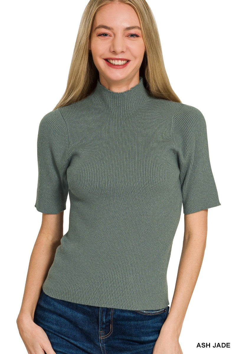 Zenana Ribbed Viscose Mock Neck Sweater with Short Sleeves