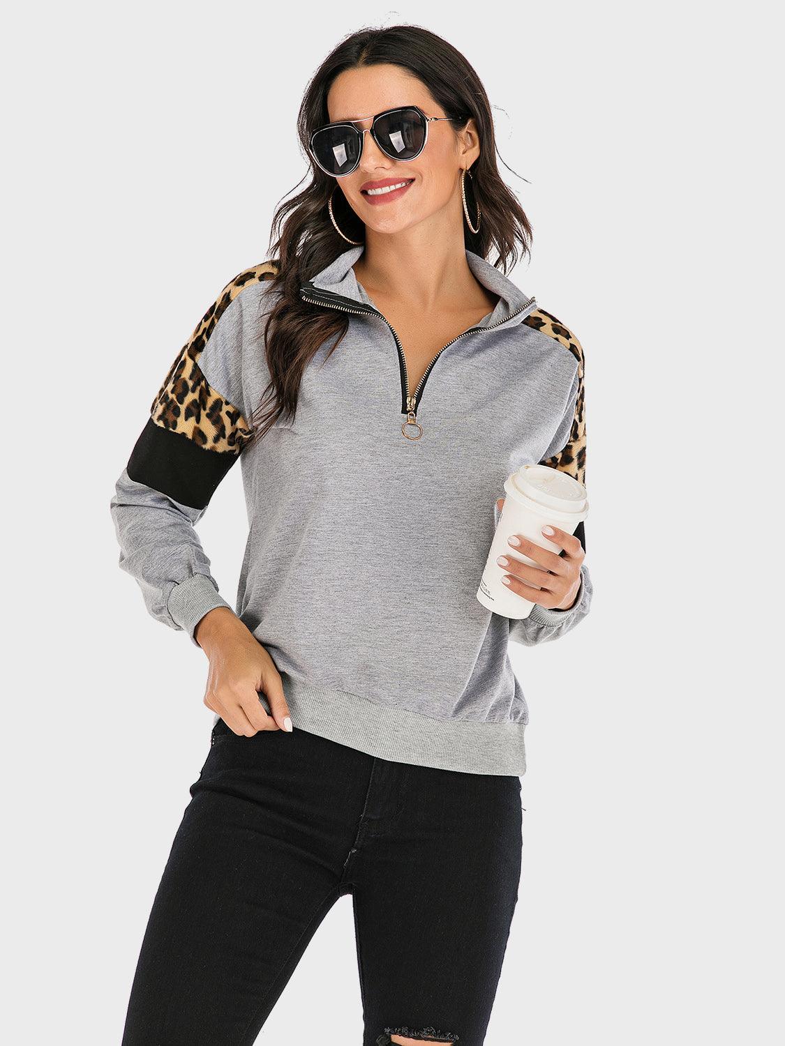 Perfee Sweatshirt Contrast Leopard Half Zip Long Sleeve Tops 707c1d64-59c7-4e5c-adb5-2a9d60ad163a-Max Trendsi