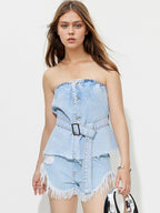 Denim Top Strapless Buttoned Raw Hem Tube Belted 708101ea-e84b-42c7-966f-04682a25d8a4-Max Trendsi