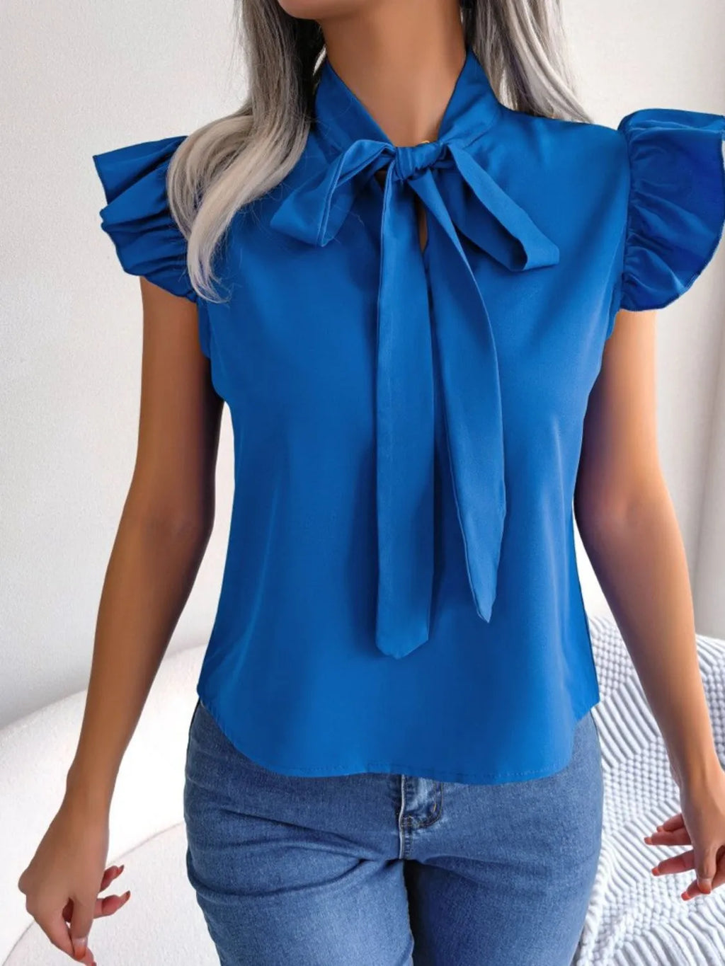 Women's Blouse Bow Tie Neck Ruffle Cap Short Sleeve Top 708557b0-a1af-4fd8-8914-74f0a9ad7f21-Max-Origin Trendsi