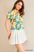 Umgee Cropped Blouse Yellow Green Floral Print Puff Sleeve Buttoned Top 7087f8c1-8502-4ba4-ad00-43d1f0862331-Max-Origin Trendsi