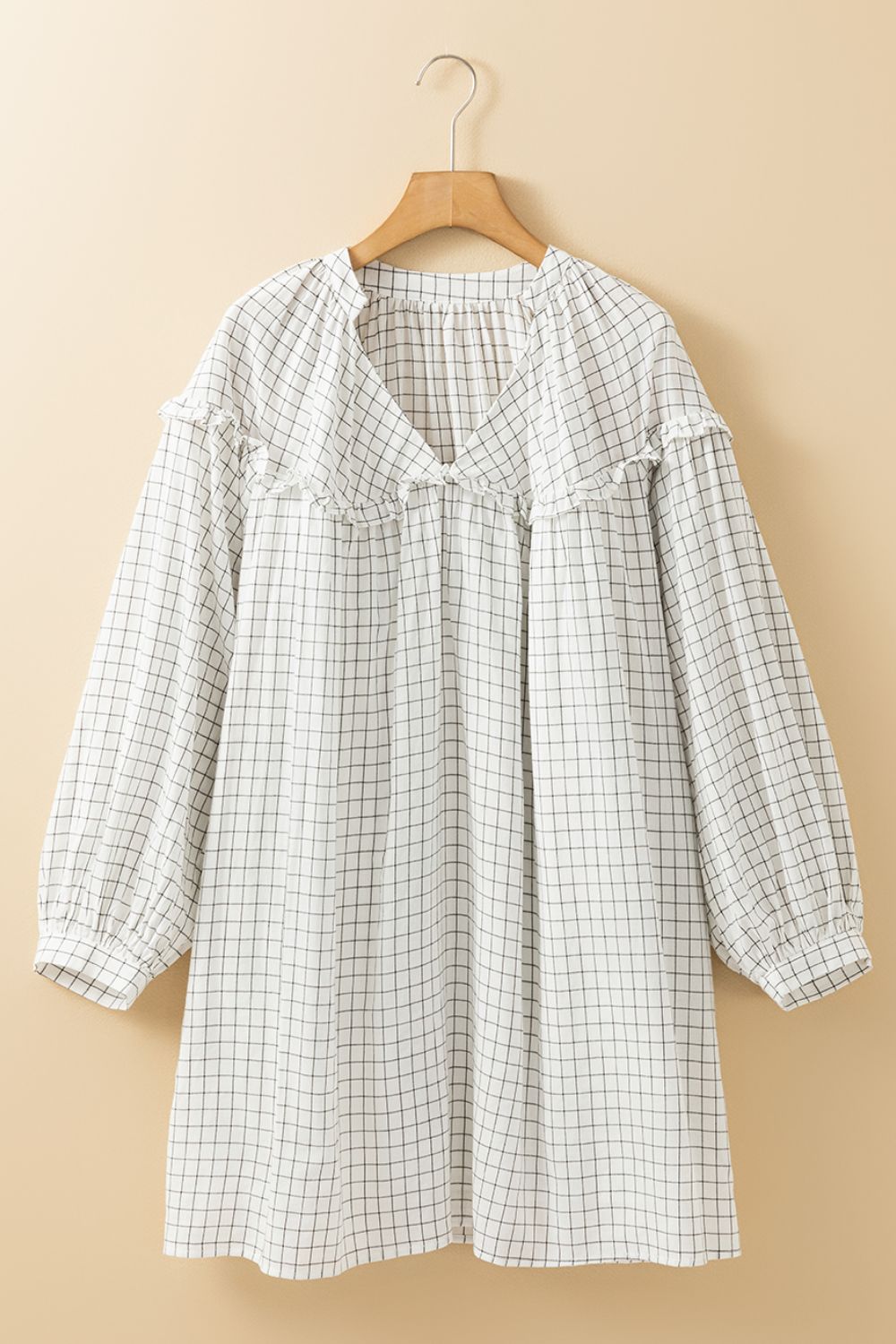 Mini Dress Frill Plaid Oversized Notched Balloon Long Sleeve Cotton Blend 708d25c7-80af-4092-827e-a2a7e8753e88-Max Trendsi
