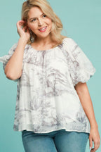 Umgee Top Khaki Two Tone Toile Print Top Short Puff Sleeve Blouse 70900bdd-44e2-4f8c-9864-f4fa353d9c9a-Max Trendsi