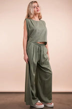 VERY J Outfit Set Olive Woven Top & High Waisted Pants Pocketed 2 Pcs 709140345e3042c48e9d8941e779e8e1-Max-Origin Trendsi