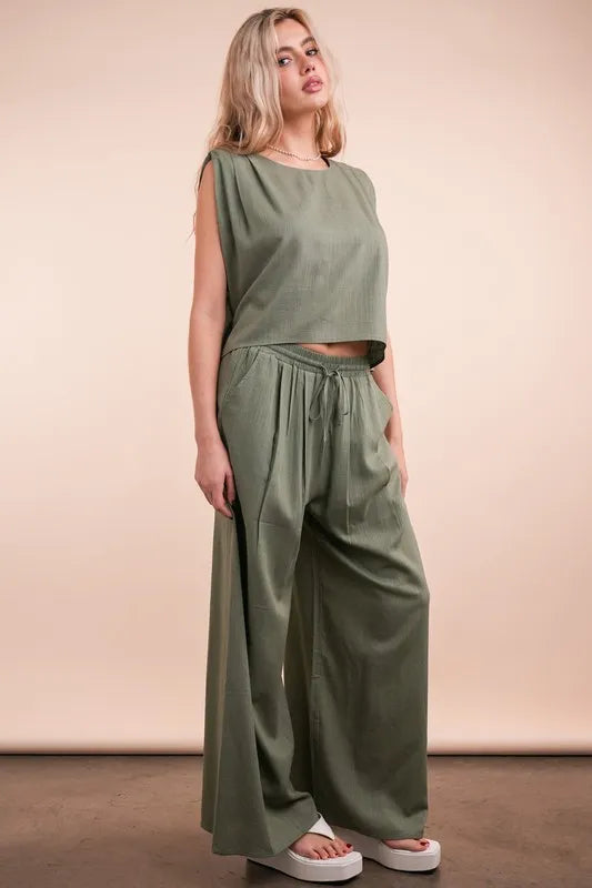 VERY J Outfit Set Olive Woven Top & High Waisted Pants Pocketed 2 Pcs