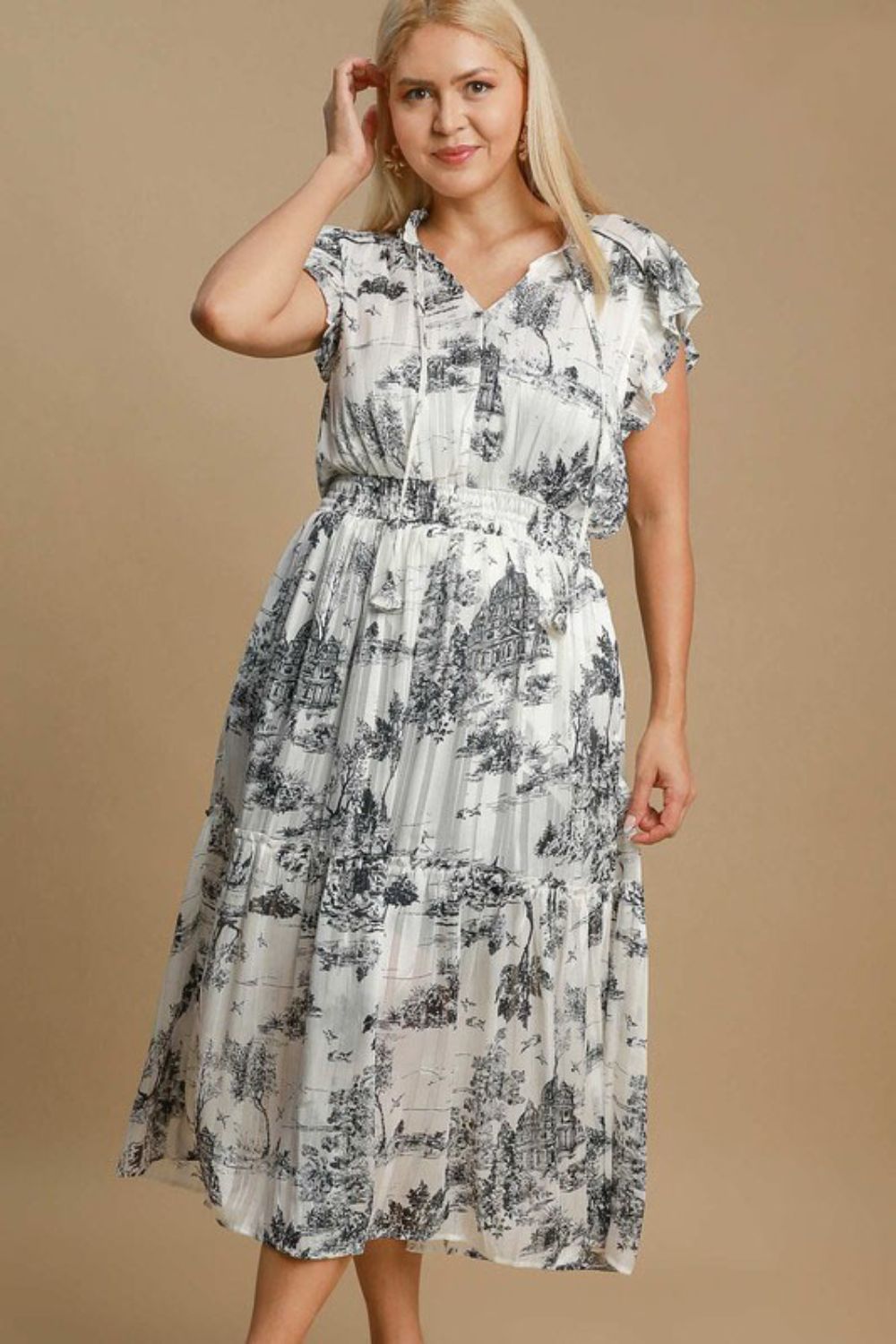Umgee Midi Dress Black Landscape Print Ruffle Short Sleeve S-2XL 709481de-754f-408e-a6b7-2a625628da2d-Max Trendsi