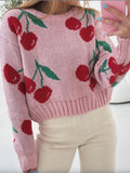 Women's Sweater Dusty Pink Cherry Pattern Knit Long Sleeve Pullover Dusty Pink 70992619-0964-4a01-a174-3a07d3847975-Max-Origin Trendsi
