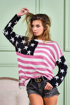 BiBi Knit Top American Flag Low Gauge Raw Hem Long Sleeve Black Mauve 709931732e9c4076a3fb807e96ee00ce-Max-Origin Trendsi