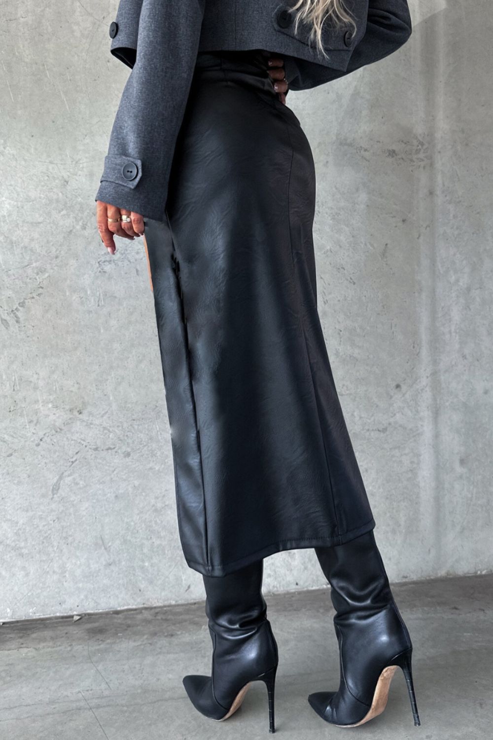 Midi Skirt Women Faux Leather Front Big Slit with Pockets