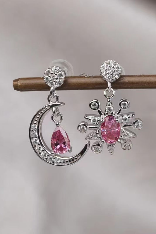 2 Carat Moissanite  Moon & Star Earrings Deep Rose Stone 925 Sterling Silver