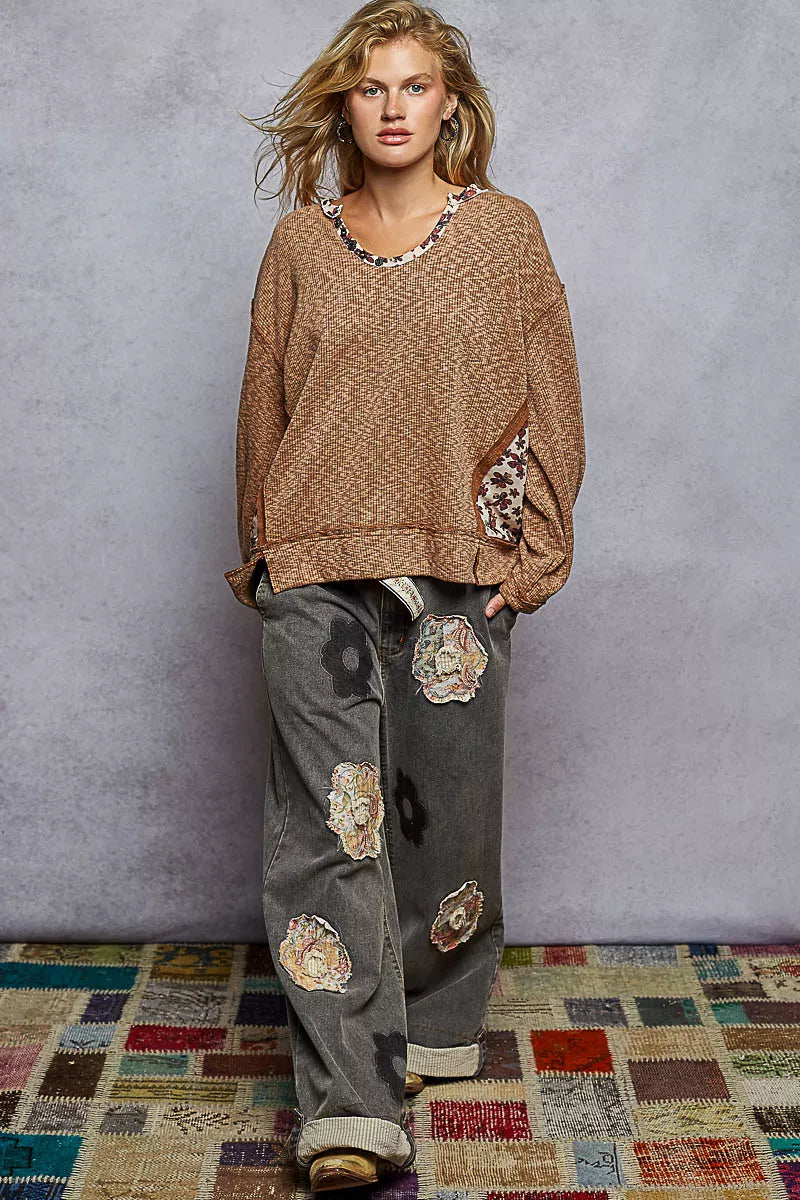 POL Oversized Ribbed Top Chocolate Balloon Sleeve with Floral Pattern Contrast 70af37c0-1c2e-444d-b911-6e56f2b8c802-Max-Origin Trendsi