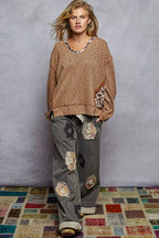 POL Oversized Ribbed Top Chocolate Balloon Sleeve with Floral Pattern Contrast 70af37c0-1c2e-444d-b911-6e56f2b8c802-Max-Origin Trendsi