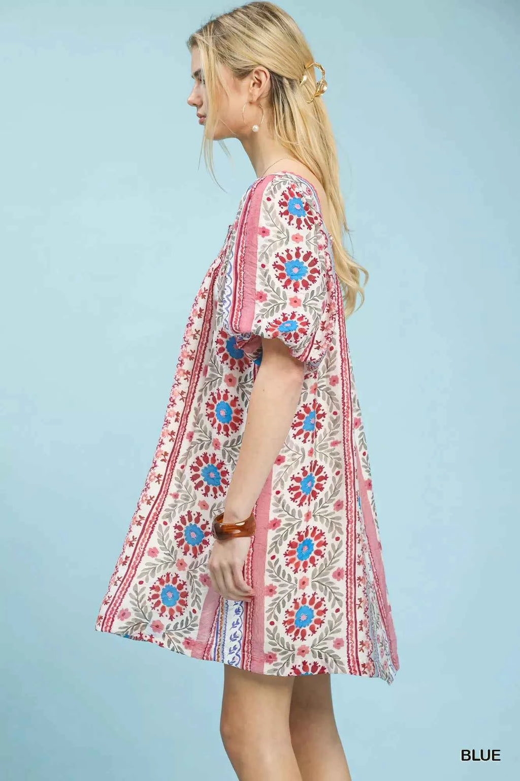 Umgee Mixed Print Puff Sleeve Mini Dress