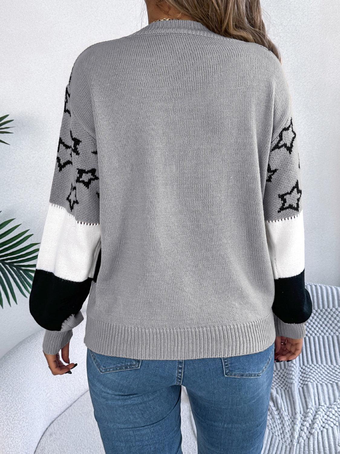Sweater Star Contrast Round Neck Long Sleeve Knitwear 70b42b9a-9209-4948-a460-79217ba038d7-Max Trendsi