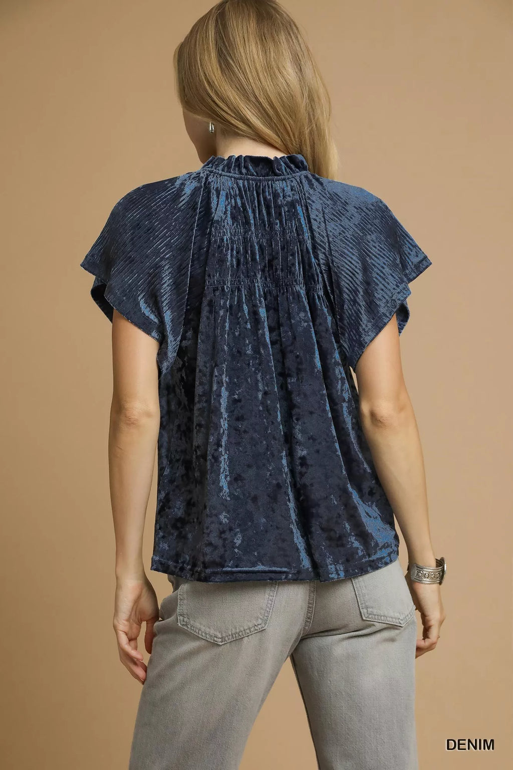 Umgee Women's Blouse Velvet Pleated Denim Blue Crushed Short Sleeve Top 70b7da01-7148-40db-81f2-8a86a807db44-Max-Origin Trendsi