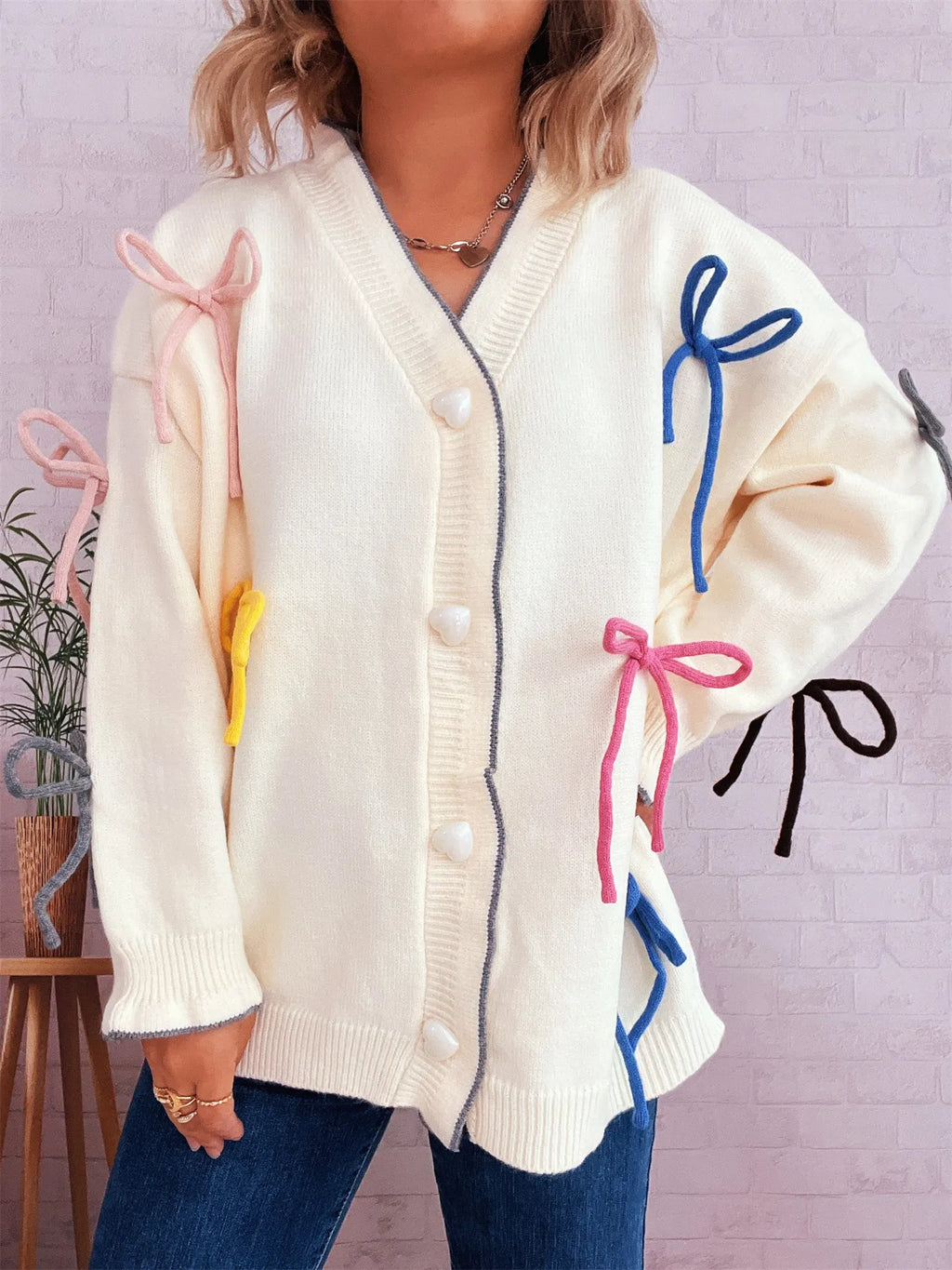 Women's Cardigan White Bow Tie Button Up Knit Long Sleeve One Size 70c5bb65992a46f3915b4dd8e0d2f5ba-Max-Origin Trendsi