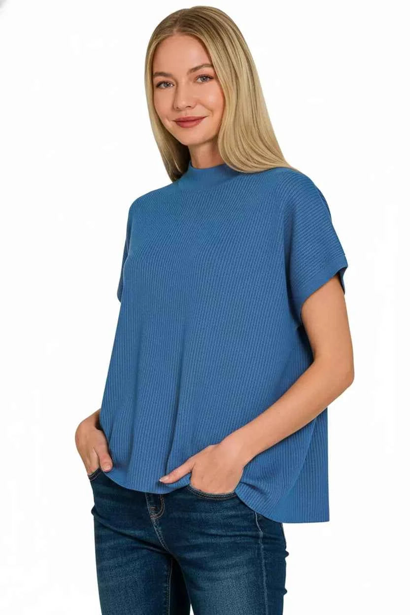 Zenana Viscose Mock Neck Short Sleeve Boxy Sweater