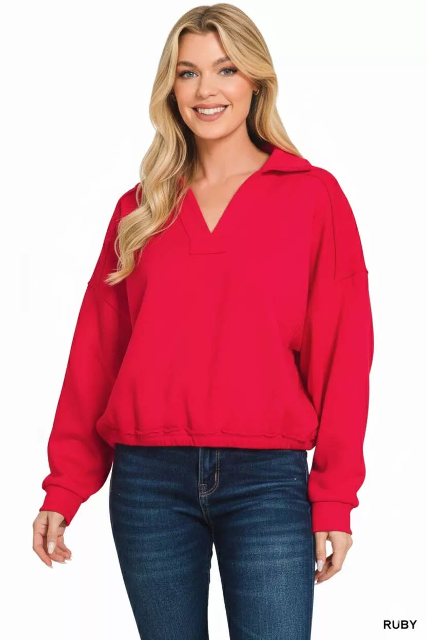 Zenana Sweatshirt Ruby Red French Terry Collared Exposed Seam Top 70cb7b17-1067-4a5d-b6e6-d389391a2999-Max-Origin Trendsi