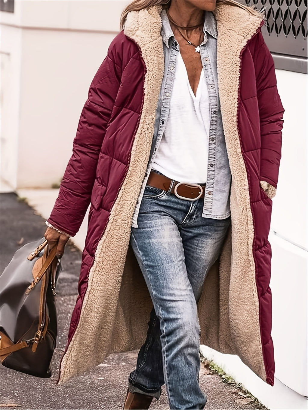 Padded Women Long Coat Plus Size Zip Up Sherpa Fur Lined Hooded Quilted Burgundy 70cce7ba-7bac-4f60-bcd2-8fd994bedb50-Max Trendsi