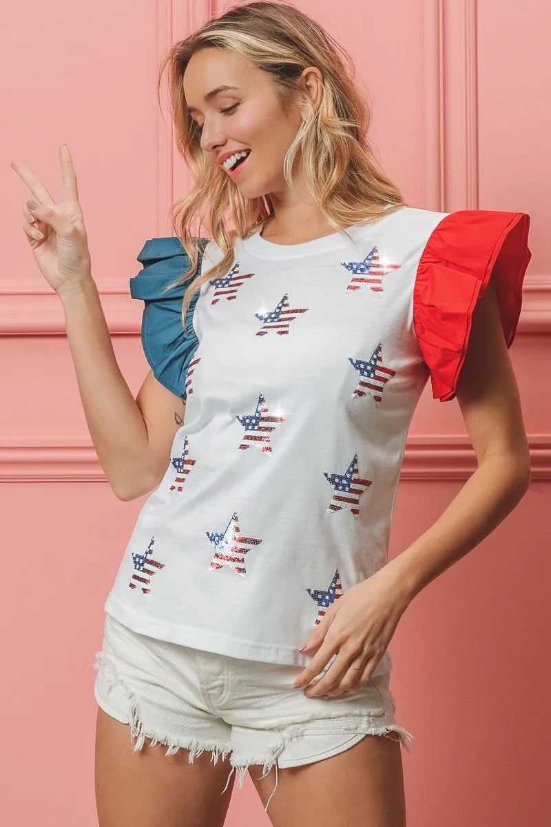 BiBi American Flag T-shirt Women's Sequin Stars Cotton Top 70cd8ba9515144249d8b23e9a46dea22-Max-Origin Trendsi
