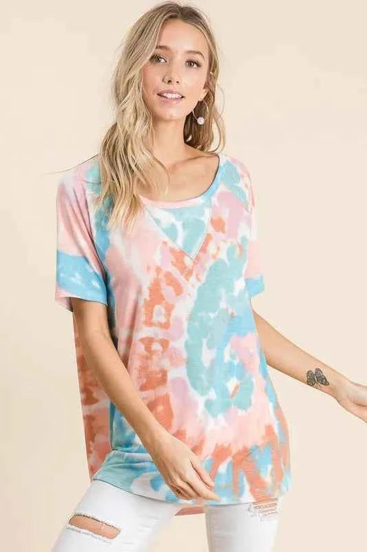 BiBi T-Shirt Tie Dye Print Pink Mint Multi Short Sleeve with Raglan Short Sleeves PINK MINT 70d2becb1c3a45238ec05d6616f9592f-Max-Origin Trendsi