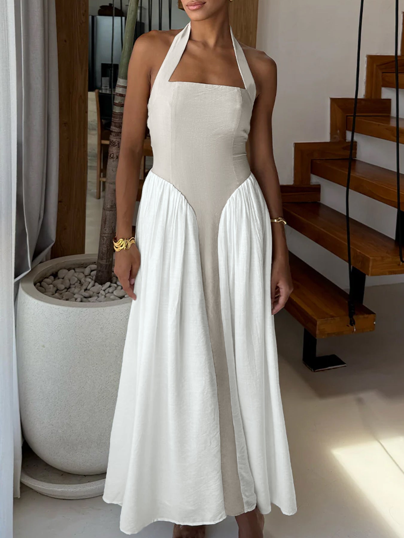 Halter Neck Two-Tone Maxi Dress with Tied, Ruched, Smocked Details and Pockets