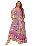 Plus Size Printed V-Neck Cap Sleeve Maxi Dress