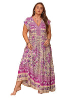 Plus Size Printed V-Neck Cap Sleeve Maxi Dress