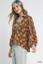 Umgee Womens Blouse Sepia Floral Print Collared Long Sleeve Top 70f3834c-9575-4f5c-a905-34fa44397327-Max-Origin Trendsi
