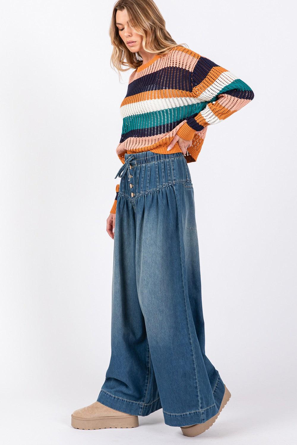 SAGE+FIG Wide Leg Jeans Smocked Waist Band Denim Pants