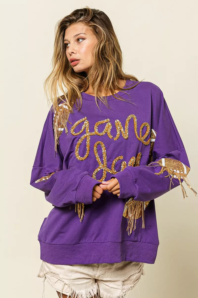 BiBi Womens Sweatshirt Sequin Football Patches Game Day Purple Top 70f6e2f8-8d4a-4b1c-80a3-e18941ef844c-Max-Origin Trendsi